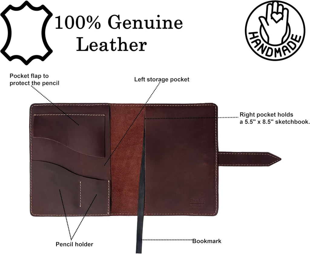 leather sketchbook cover for 5.5 x 8.5 sketchbook, close-up detail