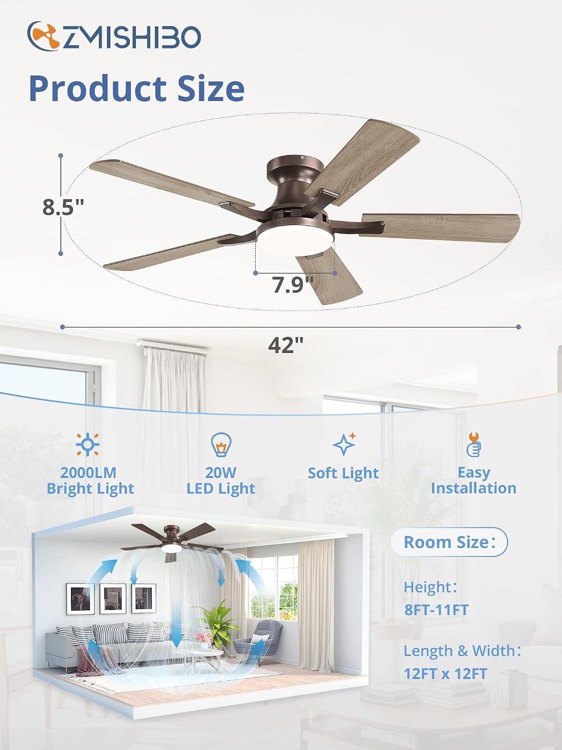 zmishibo 42 inch ceiling fans with lights, remote&app on a desk or shelf