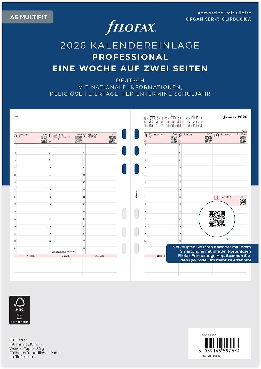 Filofax Calendar A5 Prof.1 Week on 2 Pages (German) 2026