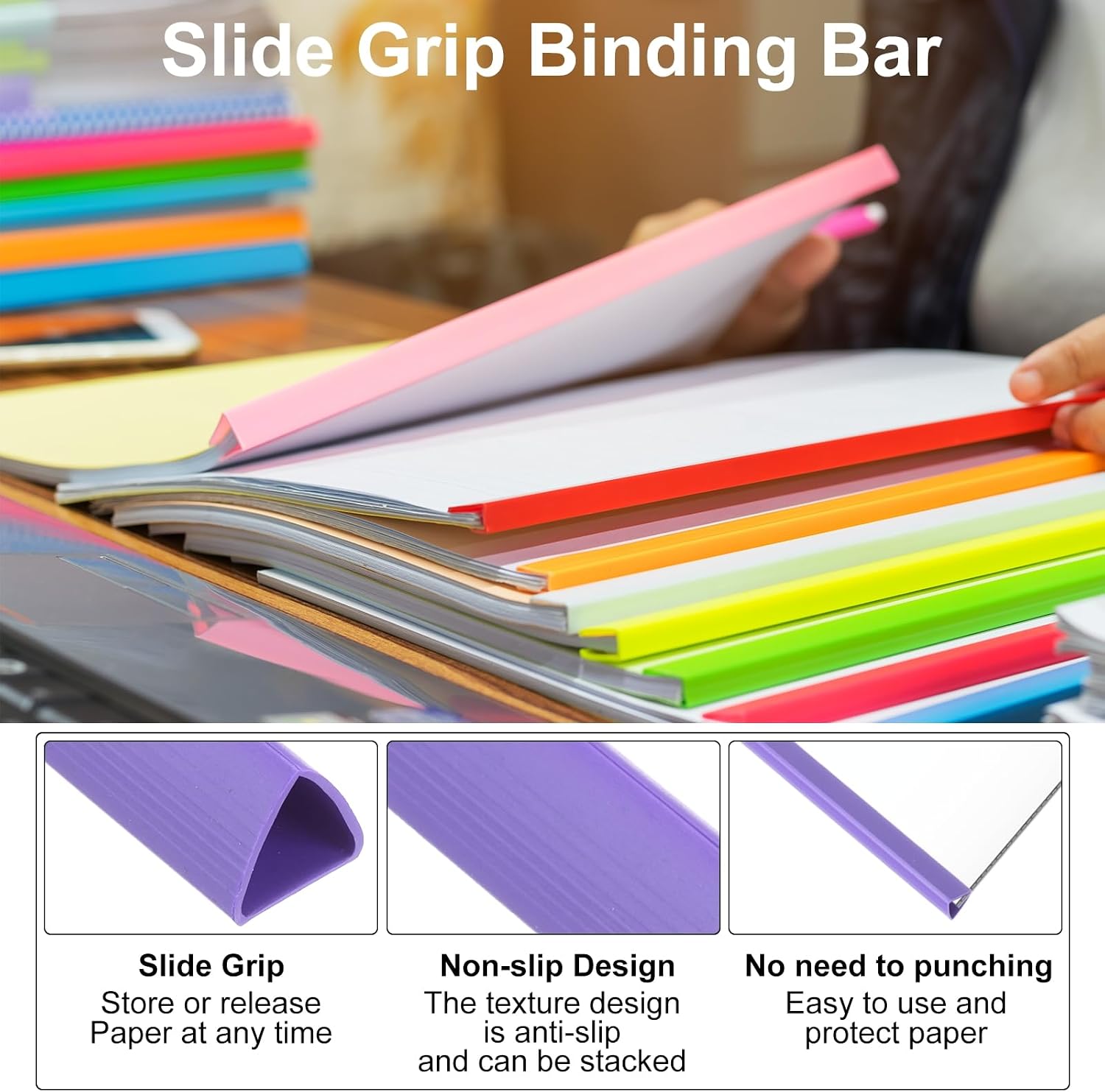 PATIKIL 30Pcs Binding Bars, 10mm Binding Bars Slide Grip 70 Sheets Capacity A4 Size Report Binder Triangle Presentation Binder for Report Cover Resume, Purple