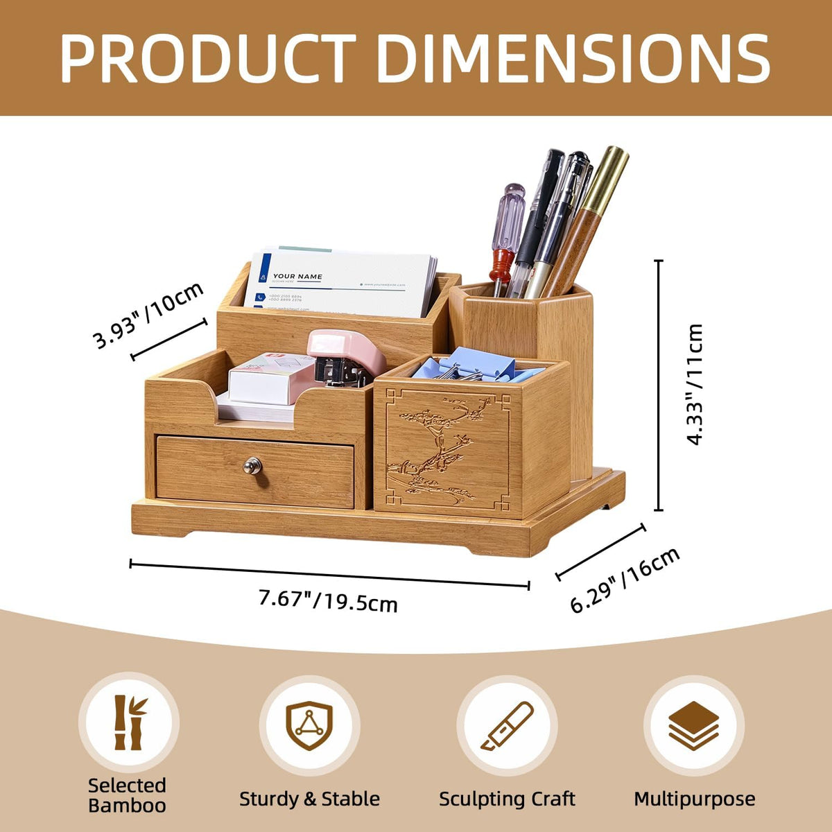Bamboo Desk Organizer with Drawer & Pen Holder, Office Desk Caddy Storage