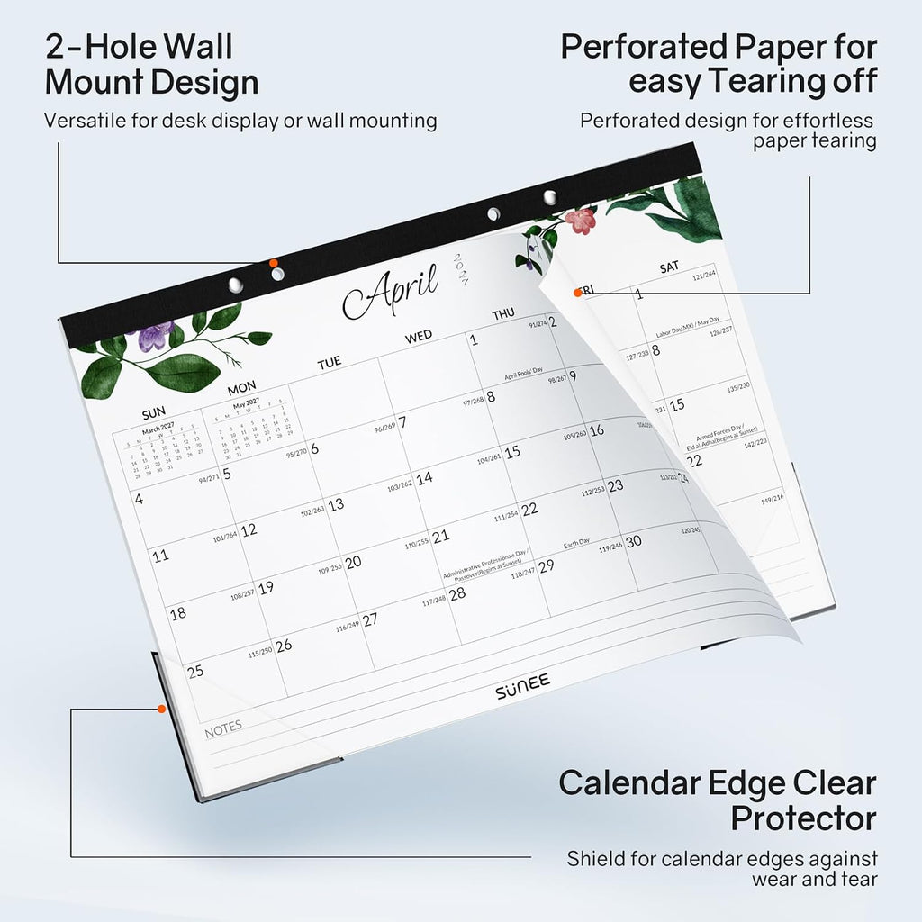 SUNEE Desk Calendar 2026-2027 17" x 12", 18 Month Calendar Jul. 2026 - Dec. 2027, Calendar 2026-2027 With Notes, for Planning, Organizing in Family, School or Office - Greenery