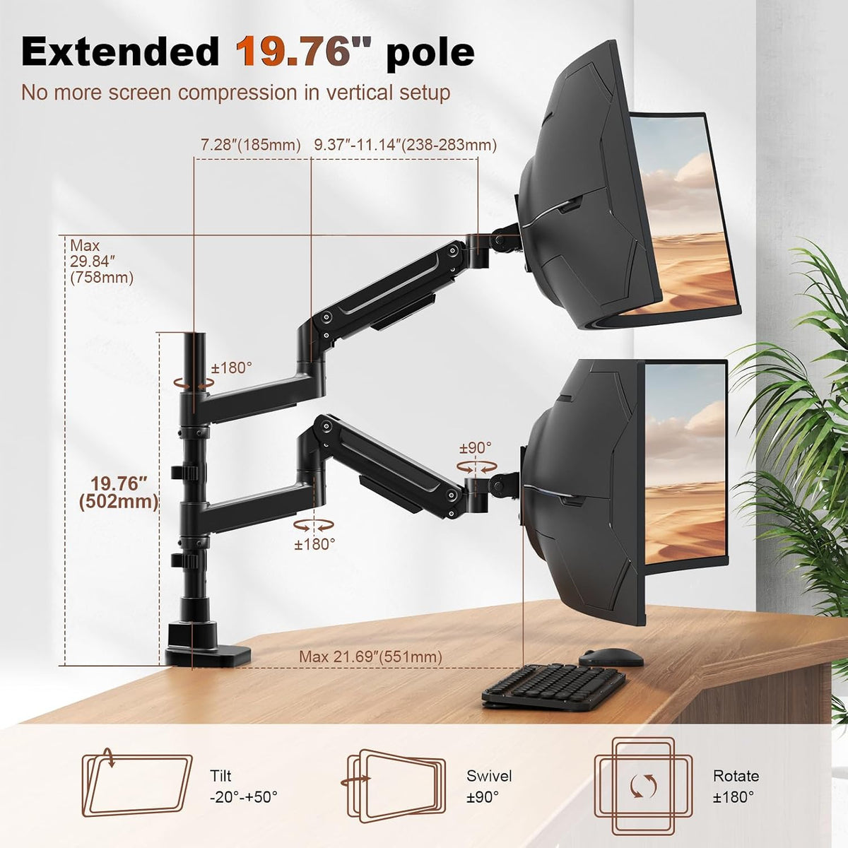 heavy duty dual monitor arm for 17-49" screens, close-up detail