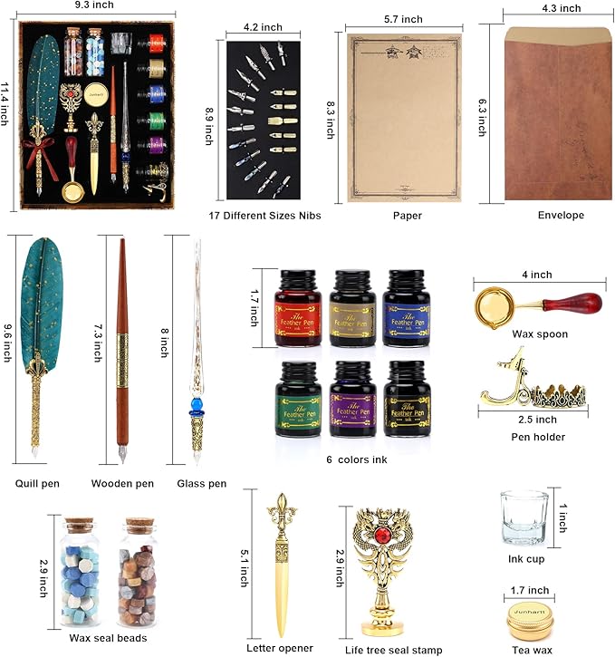 Junhartt Quill Feather Pen and Ink Set, Calligraphy Pen Glass Dip Pen and Wax - Image 2