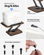 Viozon Book Stand for Reading, Book Holder 360° Rotating Base with Pen Slot, Foldable Reading Display Stand with Elastic Page Clips for Cookbook, Recipe, Textbook, Tablet, Laptop