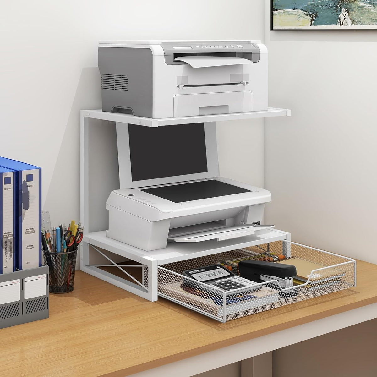 ELITEROO Printer Stand for Desk with Storage Drawer, 2 Tier Desk Shelf