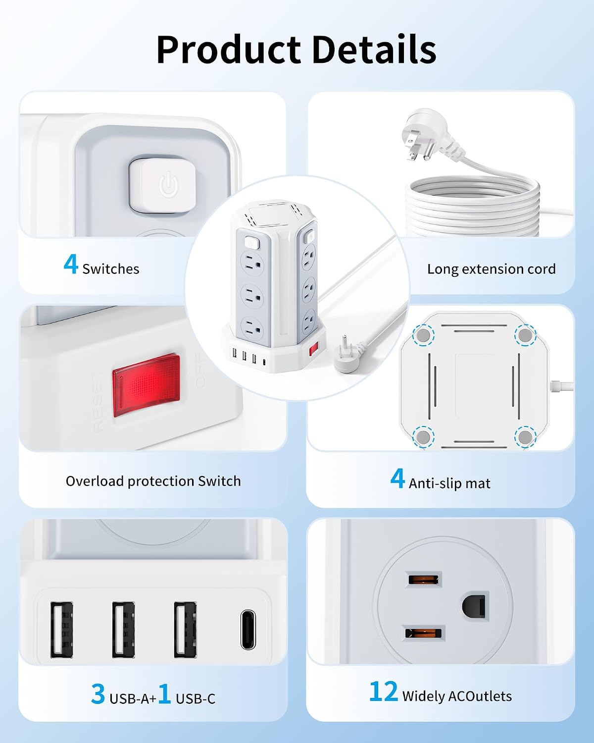 Power Strip 6.5 Ft Extension Cord with 12 AC Multiple Outlets 4 USB (1 USB C)...