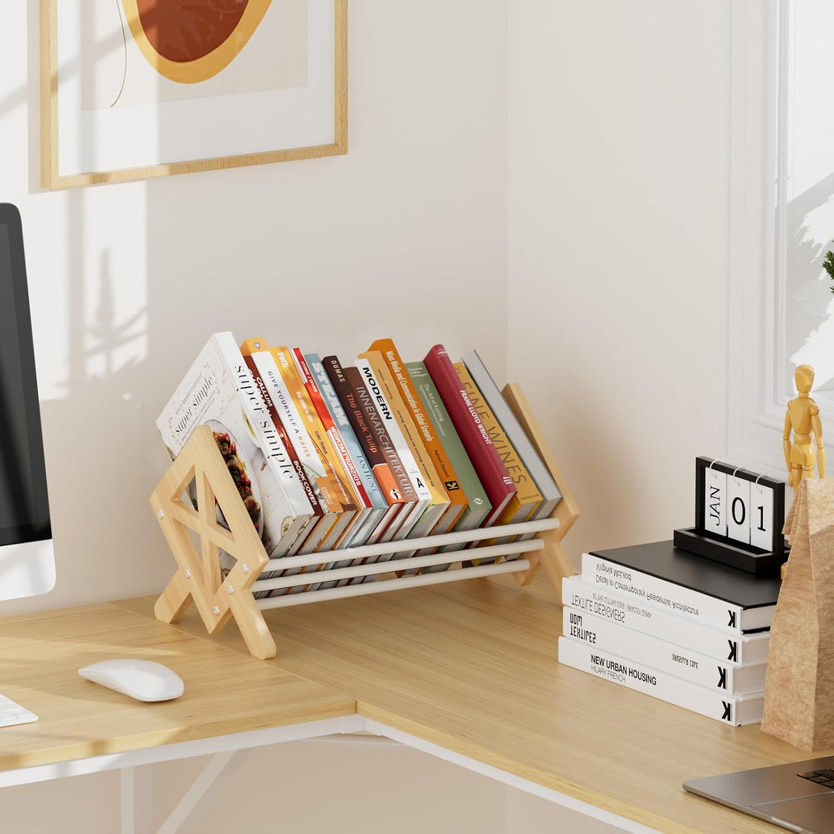 Desktop Bookshelf Organizer, Wood Office Tabletop Book Storage Rack, Tilting ...