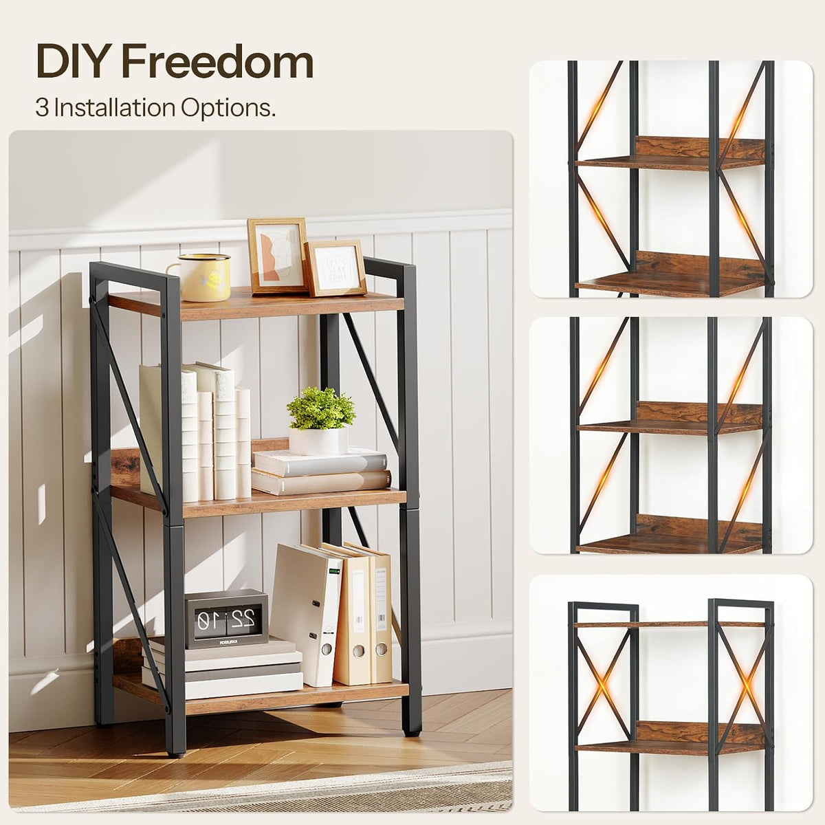 HOOBRO Bookshelf, 3-Tier Industrial Bookcase, Book Shelf Storage Organizer, S...
