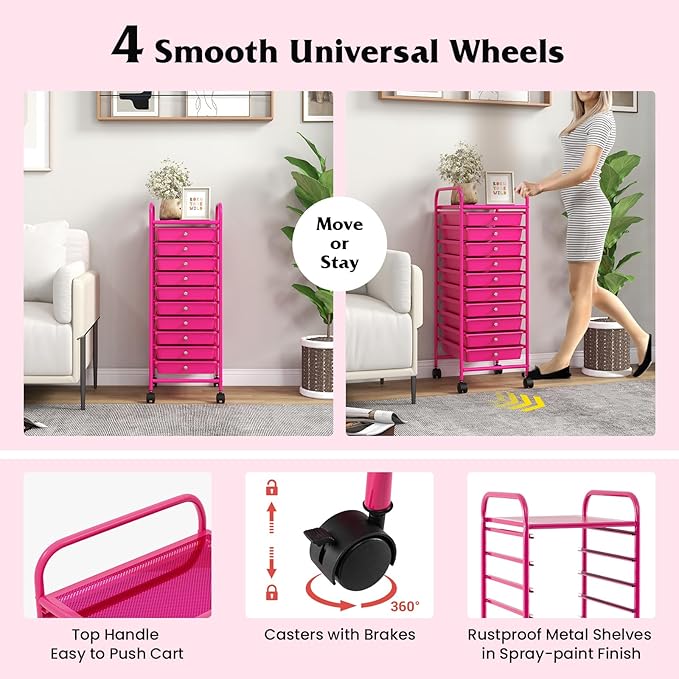 Giantex 10-Drawer Storage Cart w/Universal Wheel, Rolling Cart w/Handle - Image 6