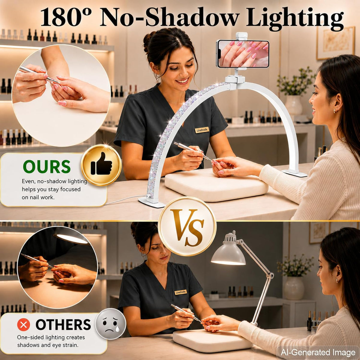 Half Moon Light for Nail Desk: 180° No-Shadow Manicure Table Lighting