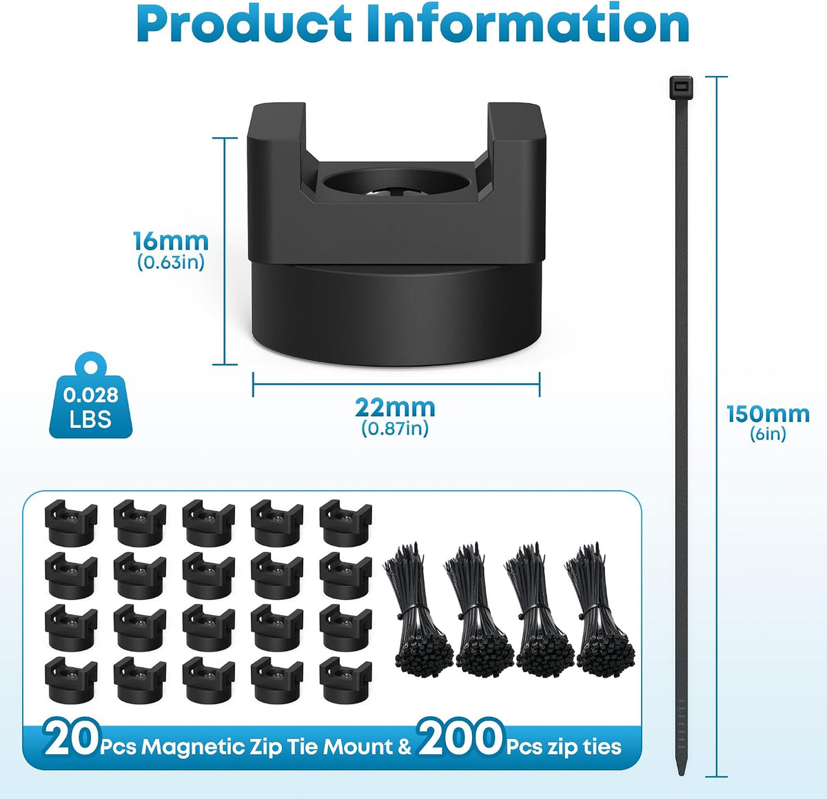 220 Pcs Magnetic Zip Tie Mount Kit(200 zip ties 20 Magnet base) Strong magnet...