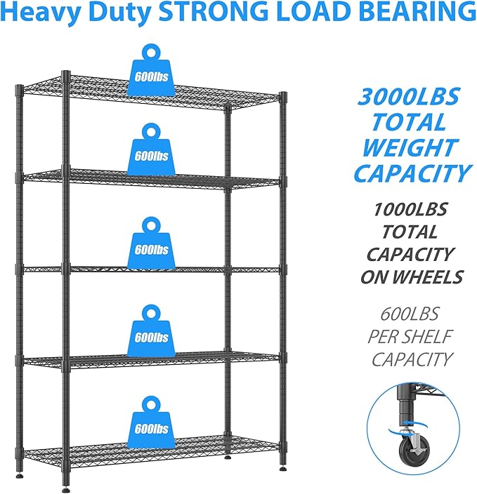 Homdox 5 Tier Storage Racks and Shelving, 3000LBS Commercial Adjustable Wire - Image 4