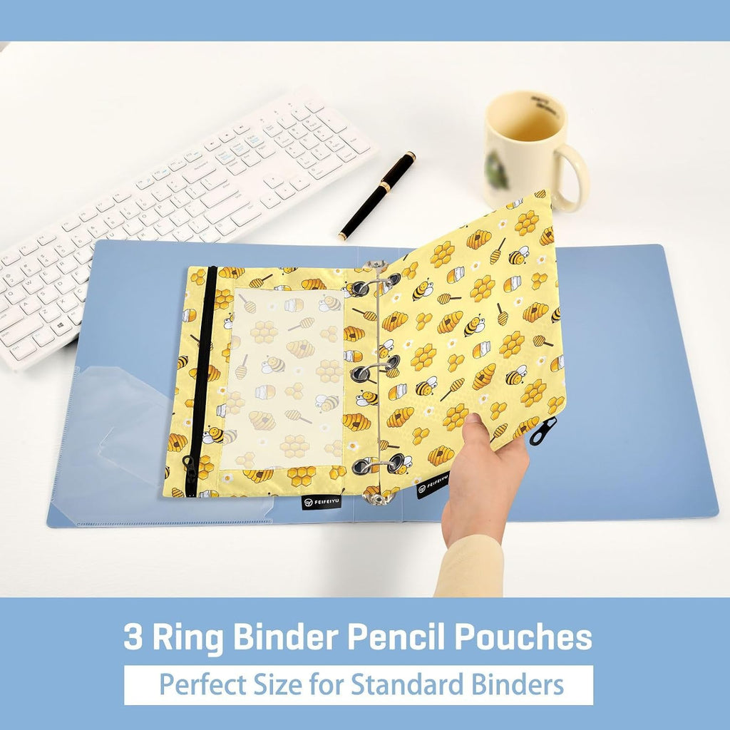 Bee Pencil Pouches for 3 Ring Binder 2 Pack 9.84 x 6.1 Inch | 3 Ring Binder Pencil Case With Zipper Reinforced GrommetsPencil Bags for Office Organizers