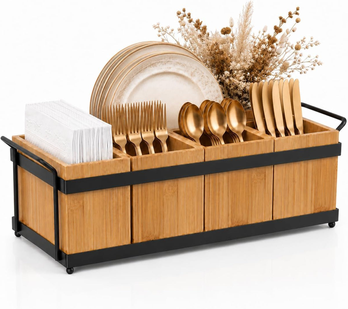 Silverware Holder for Party, Bamboo Utensil Caddy with 5 Removable Bins.