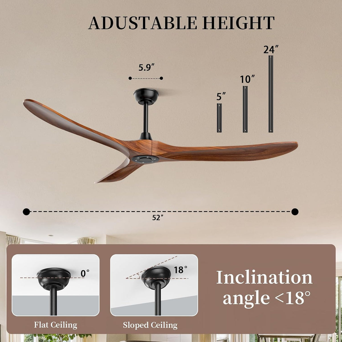 obabala 52 inch ceiling fan no light, wood showing dimensions
