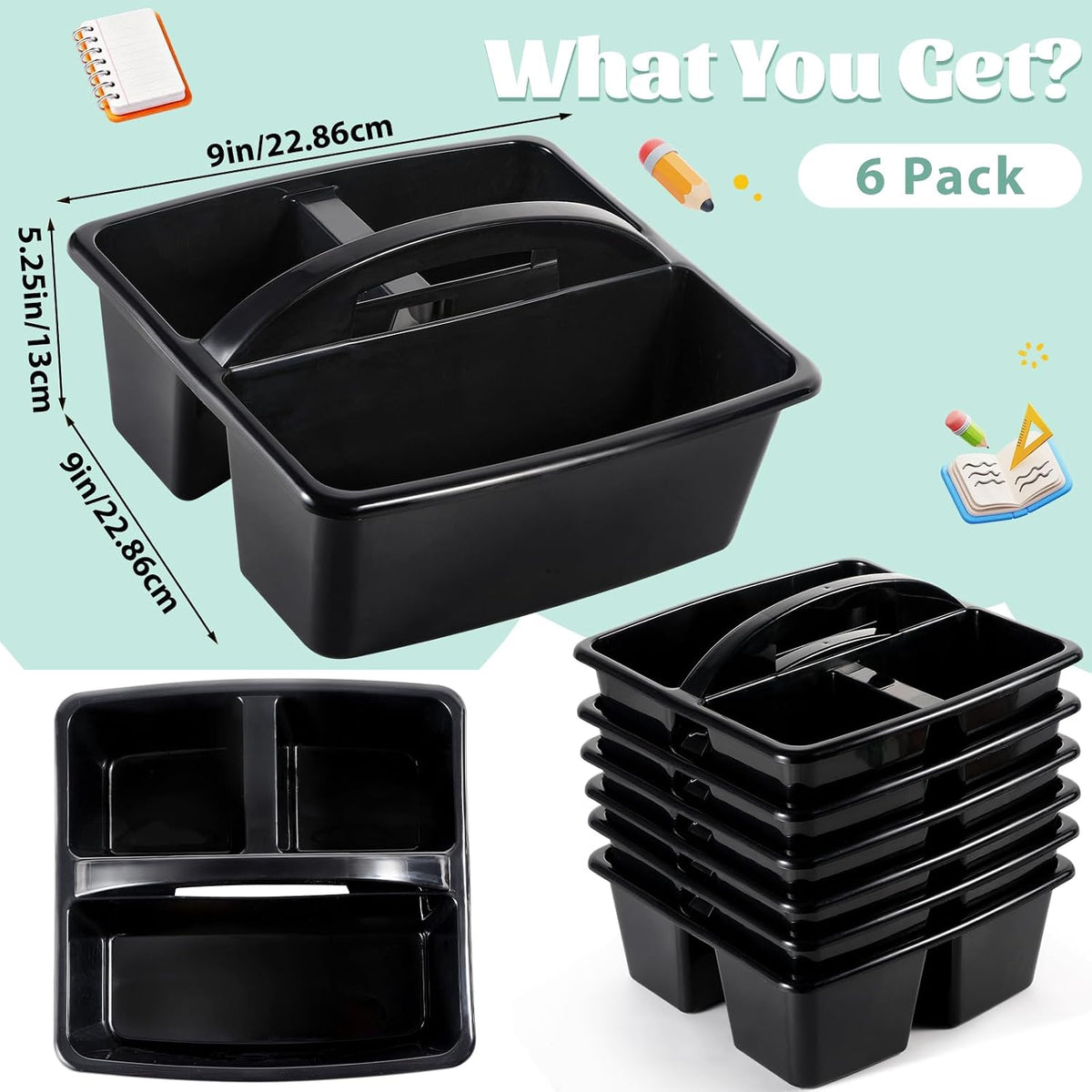 6 Pack Classroom Caddy with Handle Plastic Storage Caddy Organizer with 3 Com...