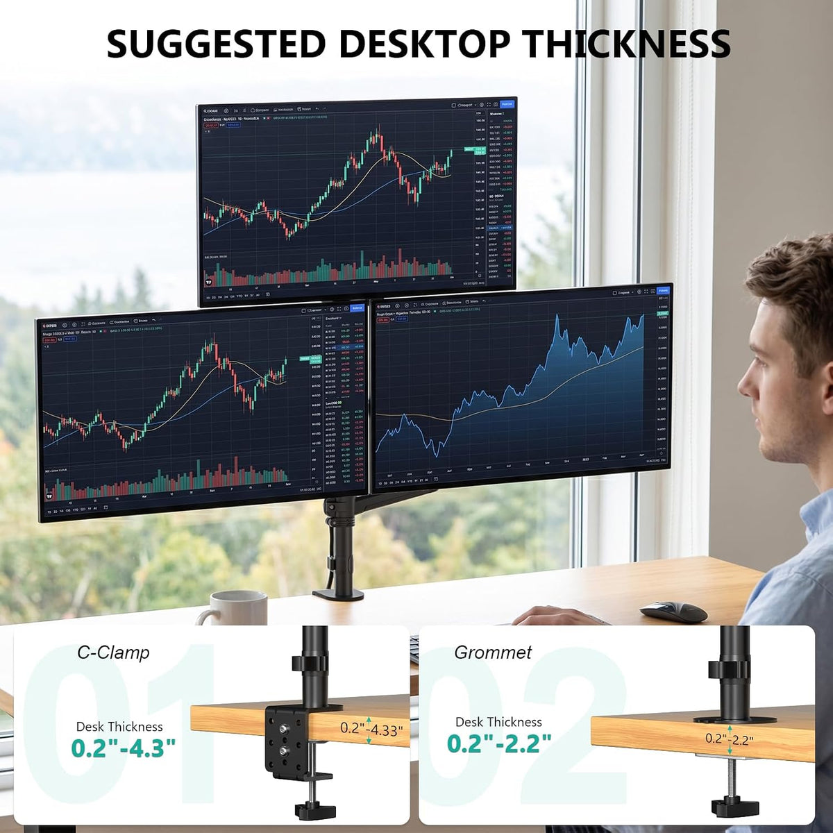 WALI Stacked Triple Monitor Mount for 13-34 inch Screens, 19.8 lbs per Arm