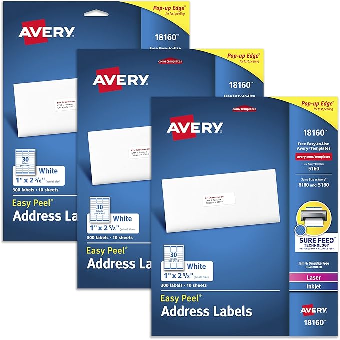 Avery Address Labels for Laser & Inkjet Printers, 300 Labels Per Pack, 3 Packs by Avery
