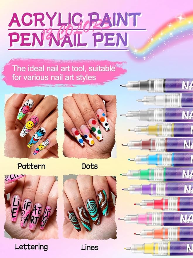EBANKU 12 Colors Nail Art Pens Kit 0.5MM Ultra-Fine Tip 3D Nail Polish Pens - Image 2