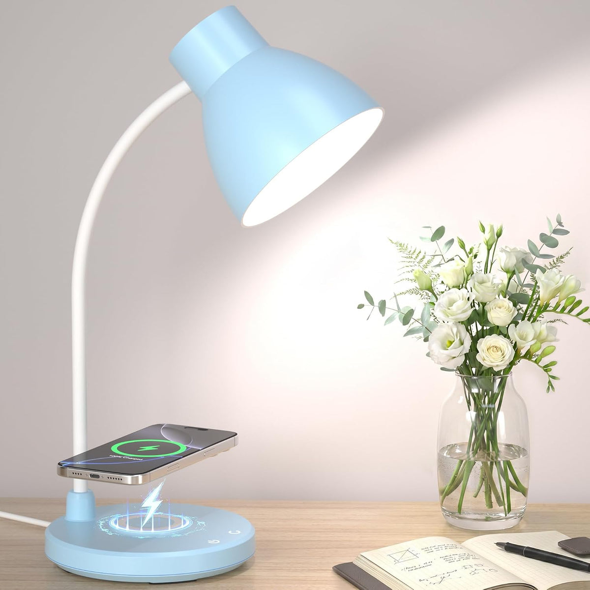LED Desk Lamp for Home Office with Wireless Charger, Blue