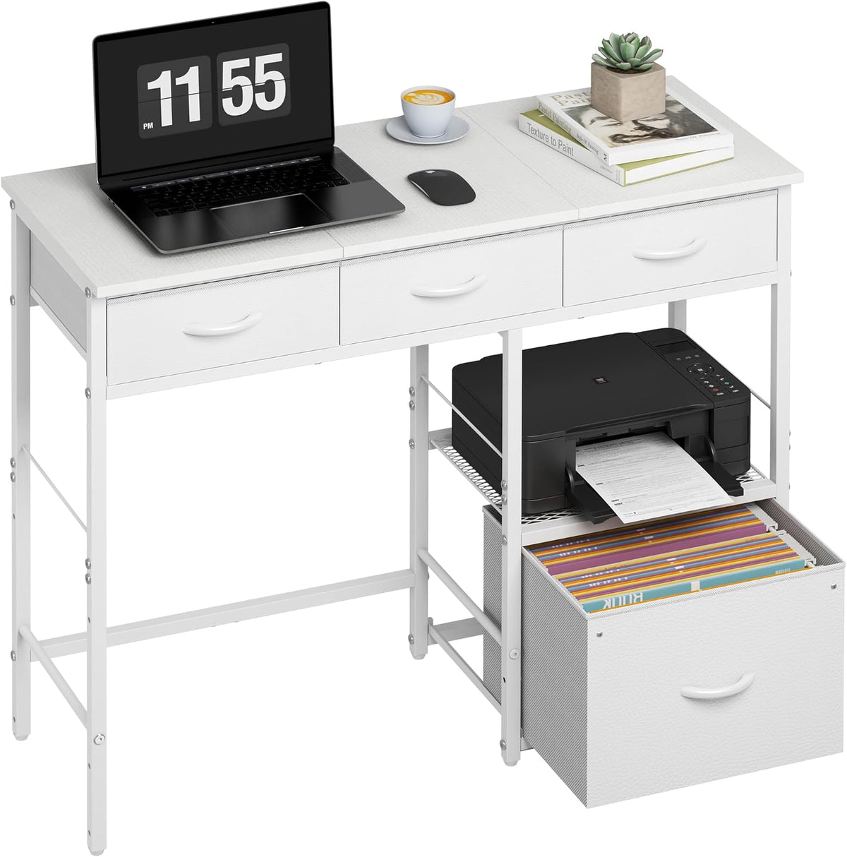 White Desk with File Drawers Cabinet, Small Writing Desk with Storage Shelf
