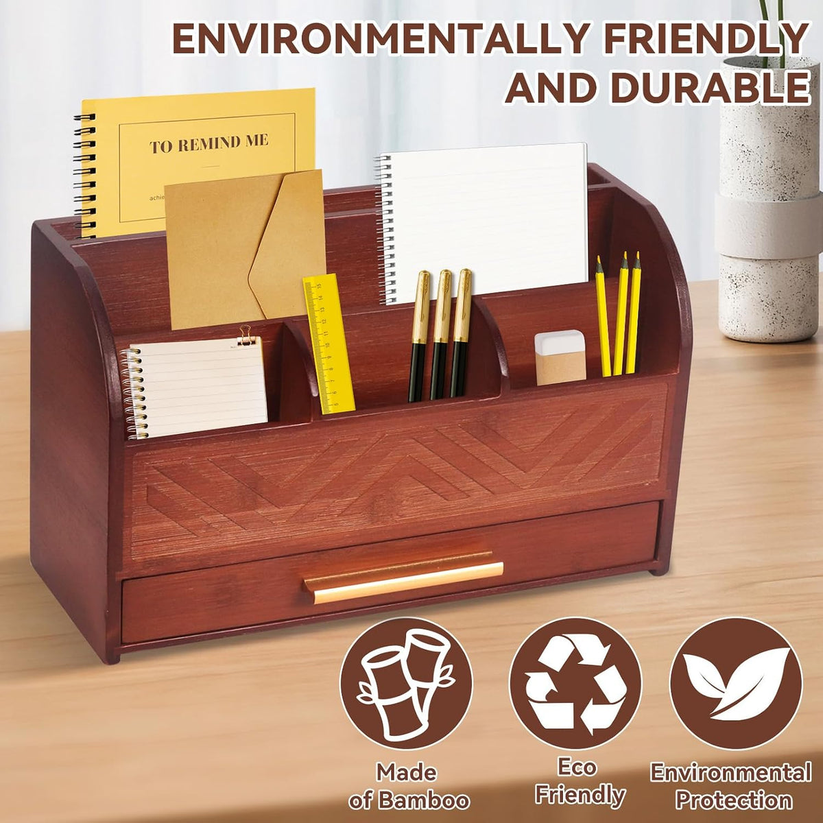Brown Desktop Organizer with Drawer Storage, White Desk Organizer Mail Holder...