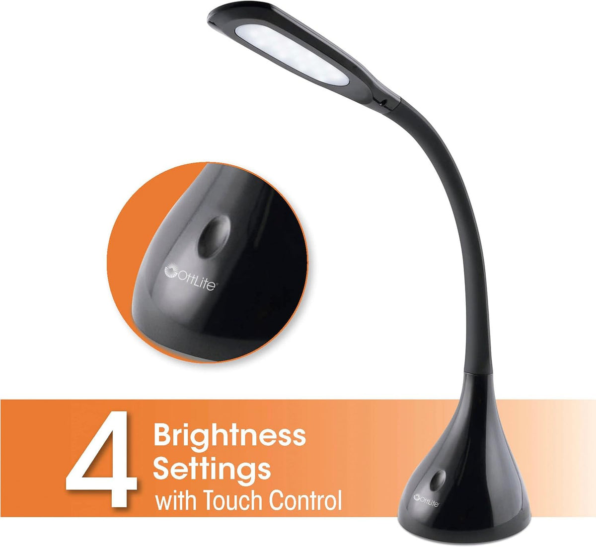 ottlite creative curves led desk lamp, black, front angle view