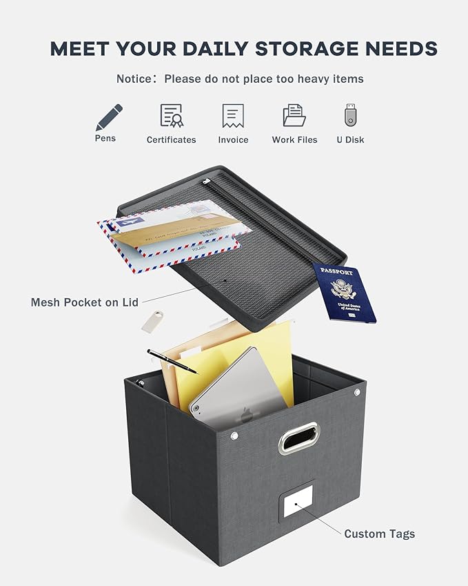 Oterri File Organizer Box with Lid, Large Hanging Filing Box with Mesh Pocket - Image 4