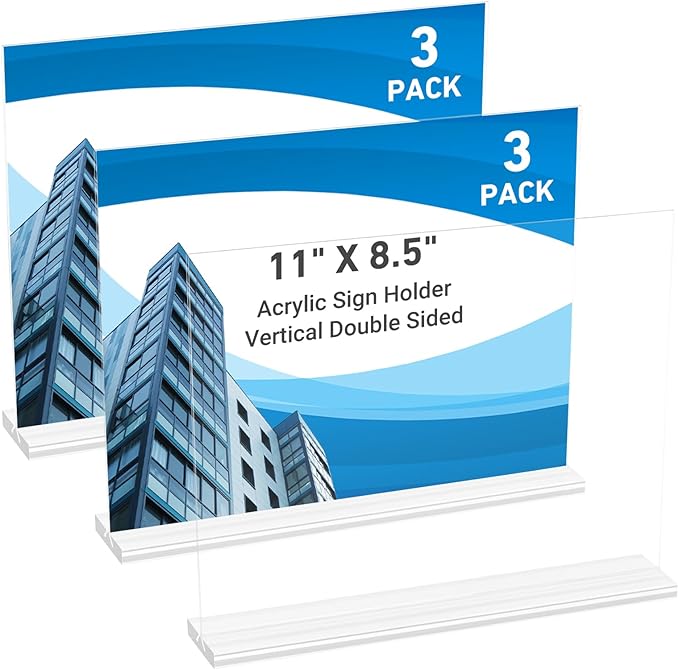 3 Pack Acrylic Sign Holder 11 x 8.5 Horizontal, Double-Sided Clear Sign Holder by DECOHOBO