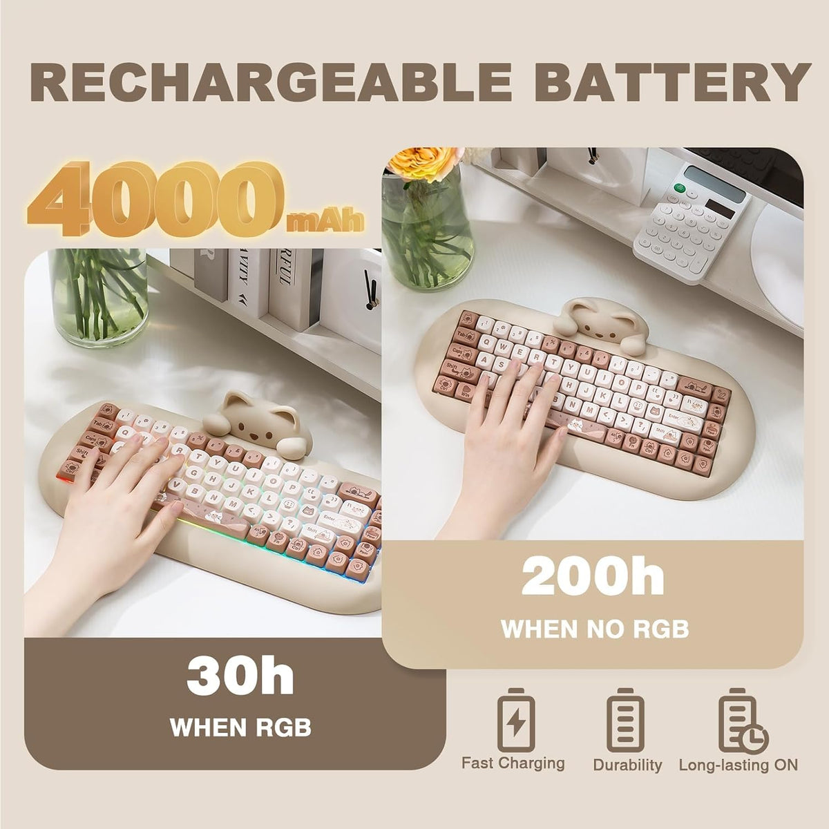 YUNZII C68 Silicone Cute Cat Mechanical Keyboard (Brown,Cocoa Cream Switch)