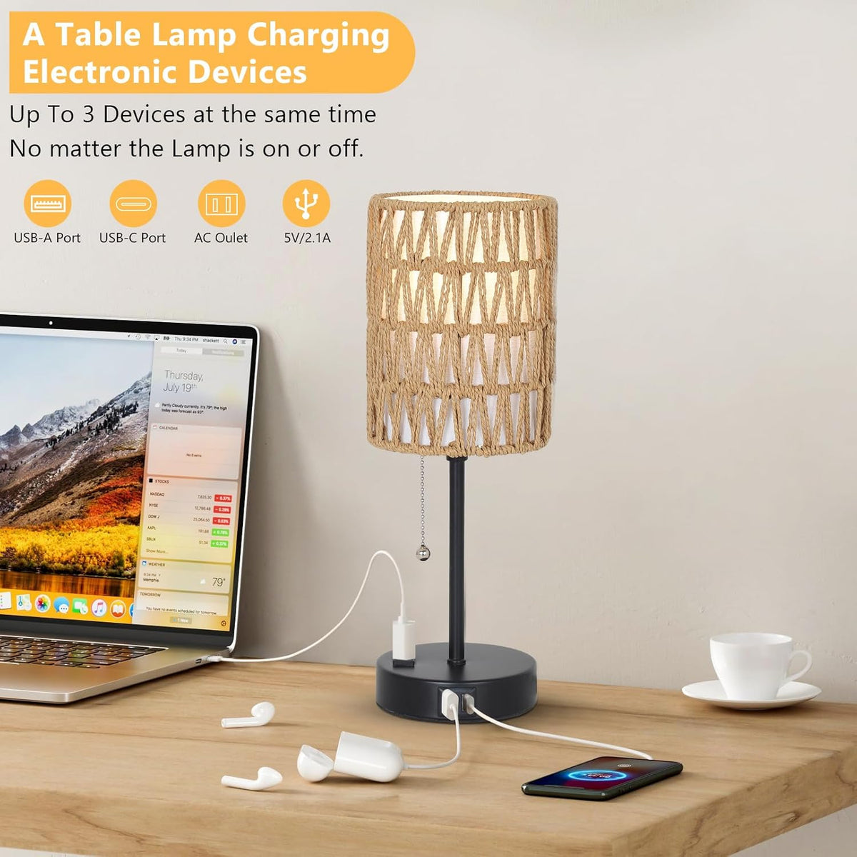 Rattan Bedside Table Lamps Set of 2 - Boho Lamps With 3 Color Temperatures &a...