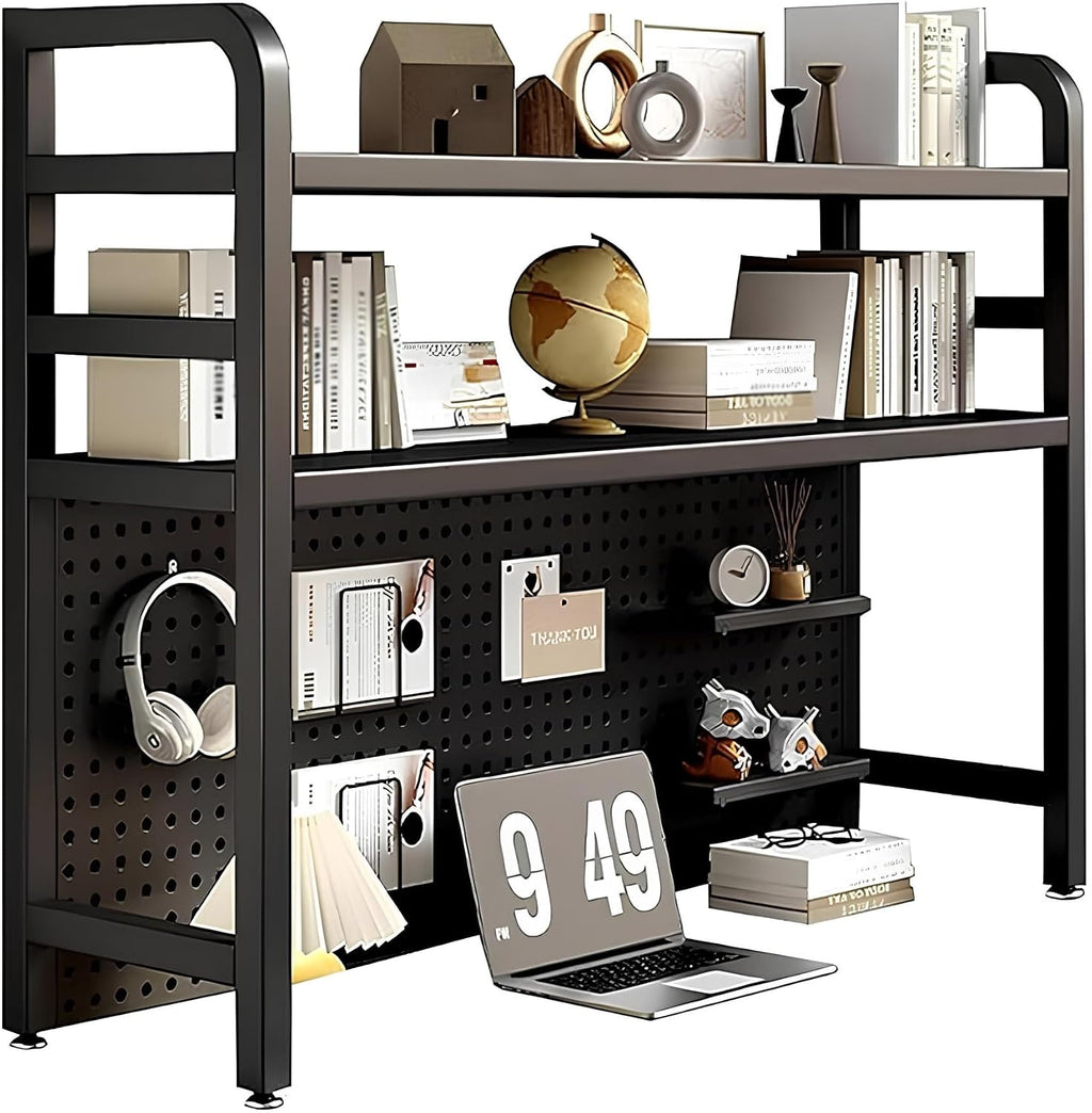 College Dorm Desk Hutch, Metal Desk Hutch Dorm Desktop Bookcase, Dorm Room Desk Hutch, Metal Desk Shelf Bookcase with Grid Panel for Dorm Office HomeBlack-Small