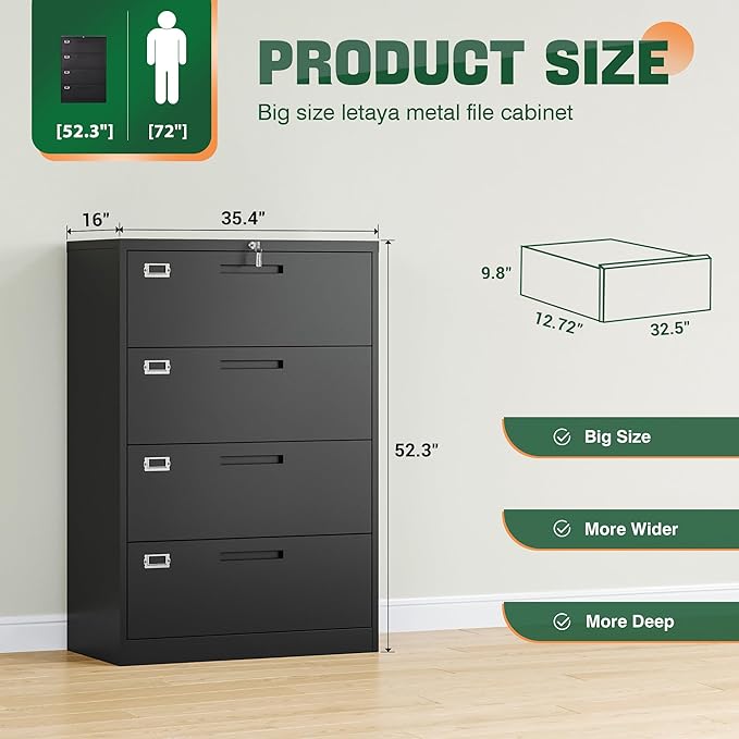 Letaya File Cabinets, 4 Drawer Metal Lateral Filing Organization Storage - Image 3