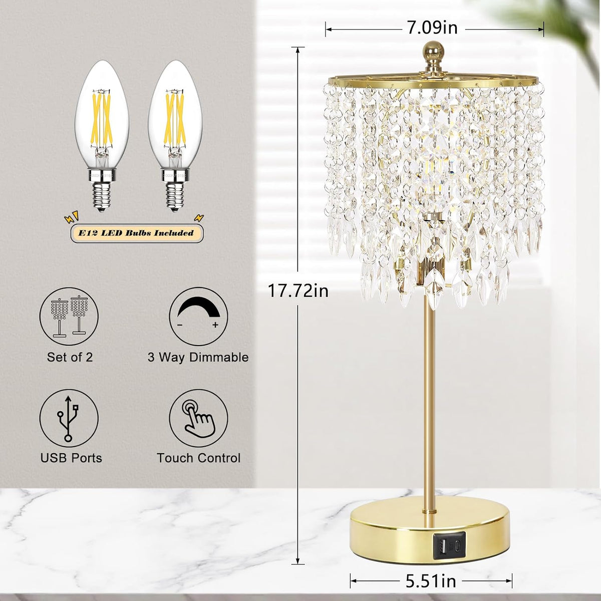 Crystal Table Lamp Set of 2, 3-Way Dimmable Nightstand Lamp with 2 USB Chargi...
