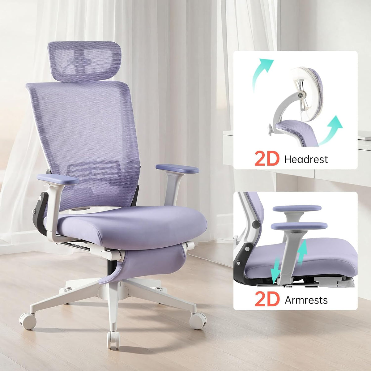 Ergonomic Foldable Office Chair with Footrest and Lumbar Support, Purple