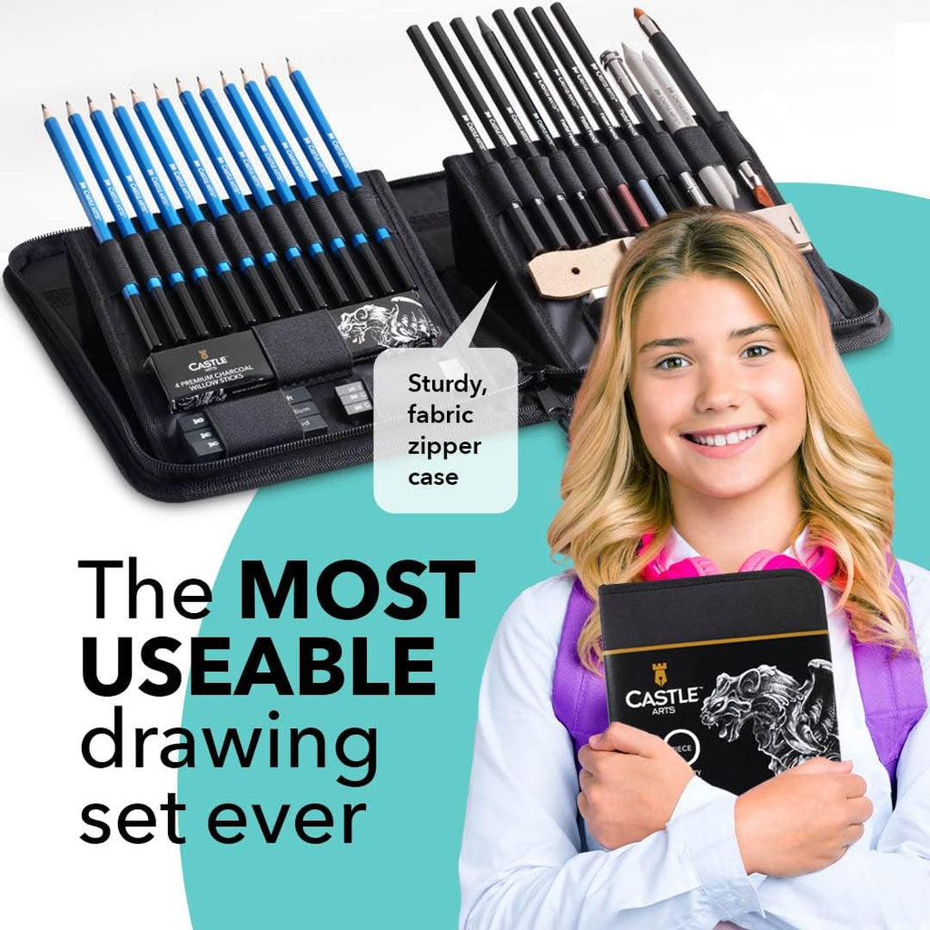 castle art supplies 40 piecedrawing, sketching and charcoal shown in use