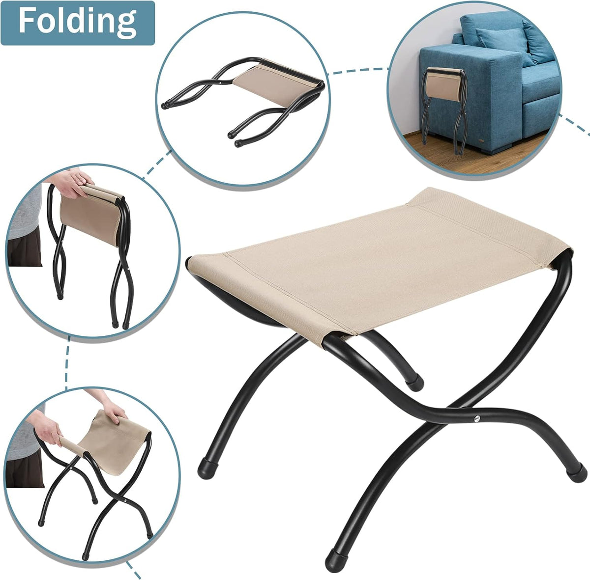 15" Upholstered Folding Foot Rest Stool with Foldable Metal Frame Sapphire