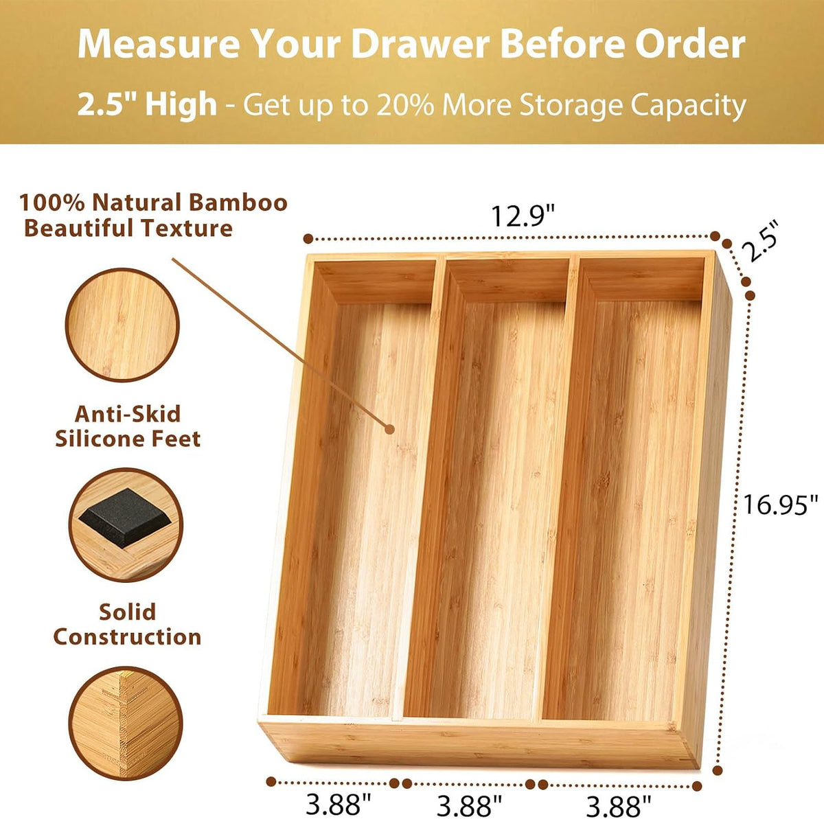 Umilife Bamboo Kitchen Utensils Organizer, 13 Inch Drawer Dividers for Silver...