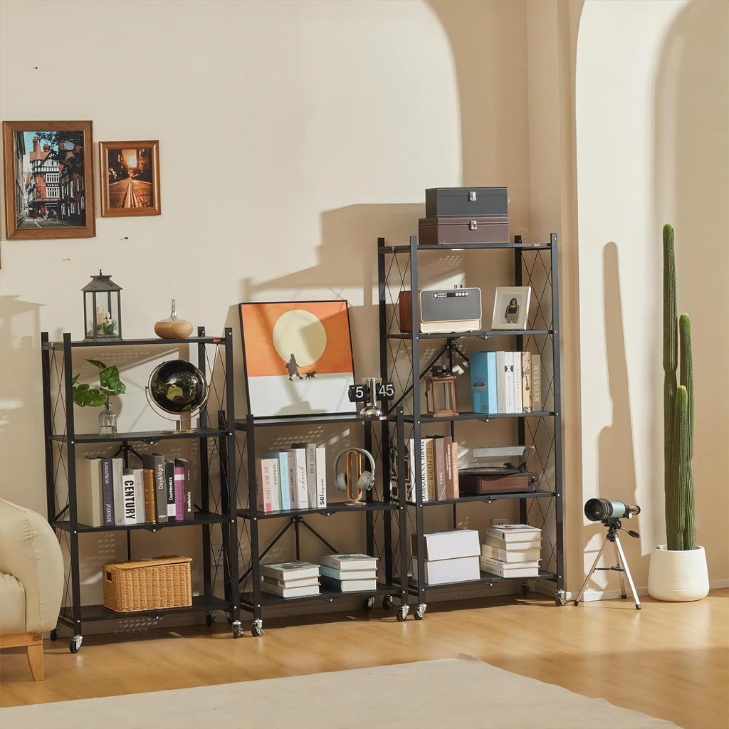 deanic 4 tier foldable storage shelves with wheels shown in use