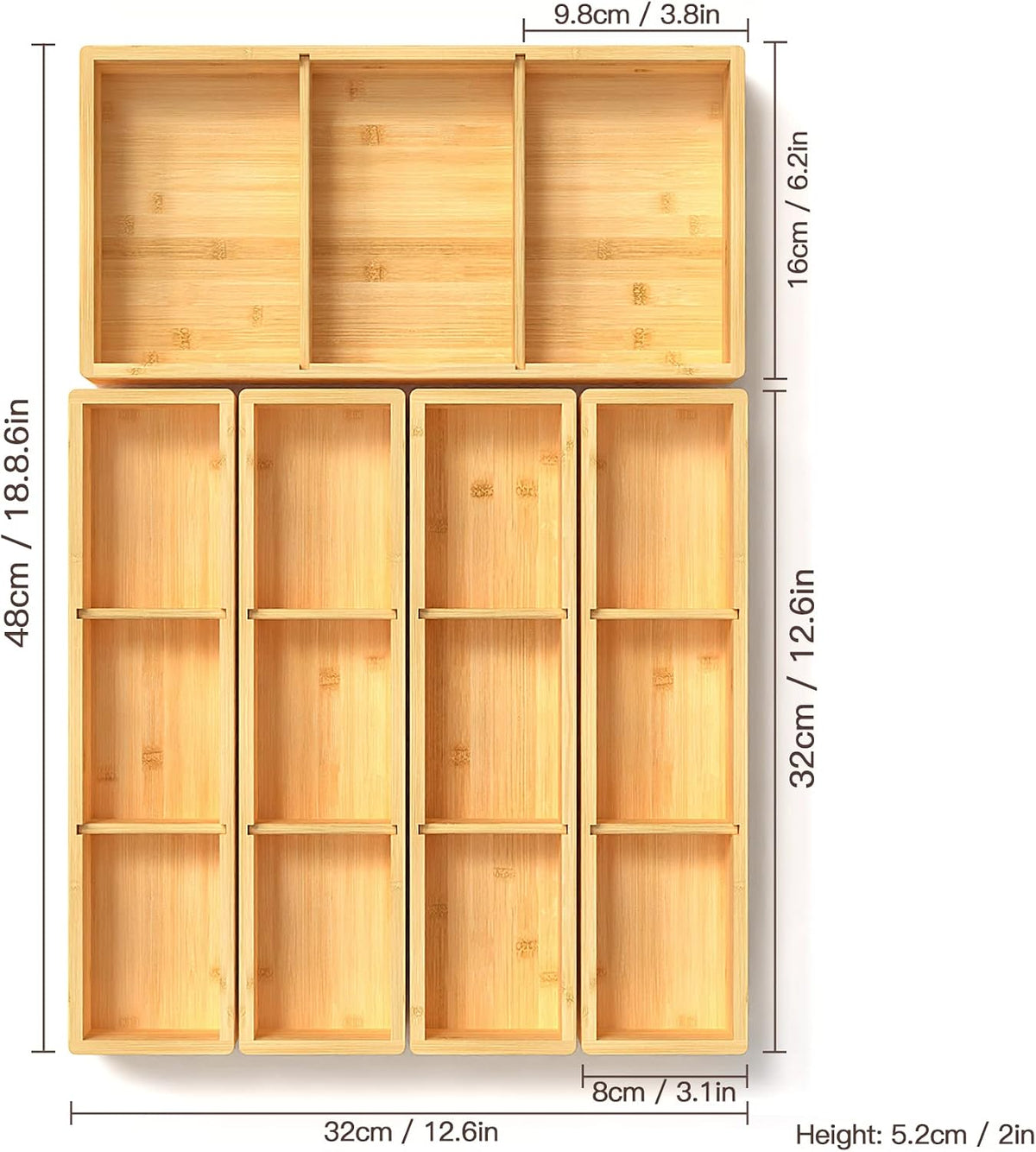DUJEN 5 pieces Bamboo Drawer Organizer, Adjustable 3 Individual Junk Drawer o...