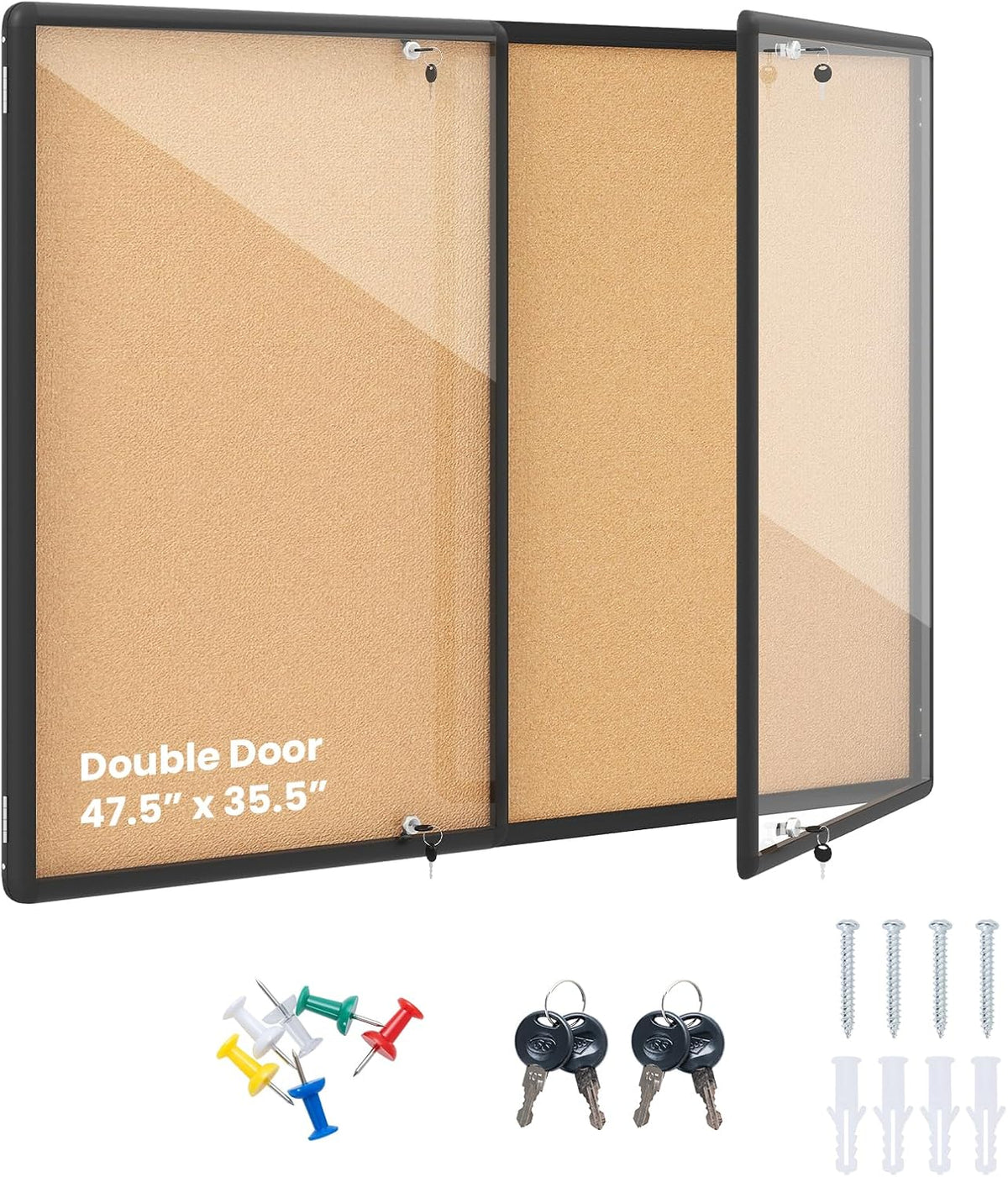 Goplus Enclosed Bulletin Board, 47.5” x 35.5” Lockable Cork Notice Board