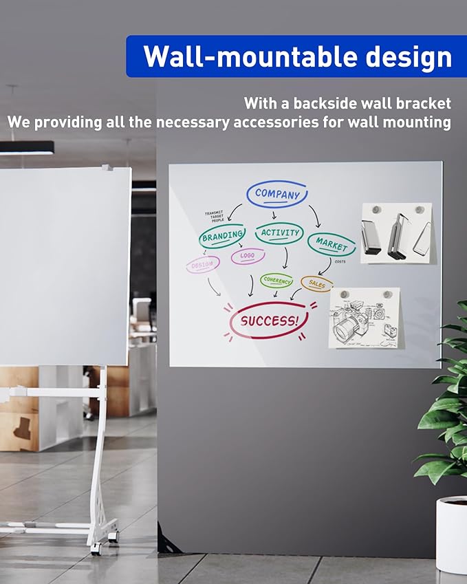 Mobile Glass Whiteboard, 24 x 36 inch Glass Board/w Height Adjustable, Large - Image 9