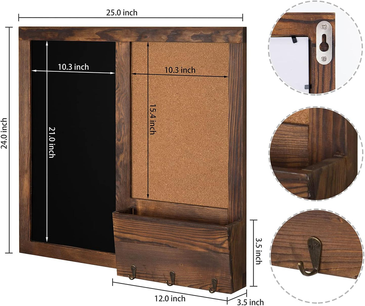MyGift Rustic Dark Brown Wood Wall-Mounted Chalkboard with Cork Board, Mail S...