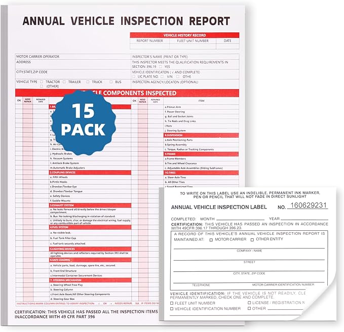 15-Pack Annual Vehicle Inspection Report Form, 3-Ply Carbonless Form and by Unknown