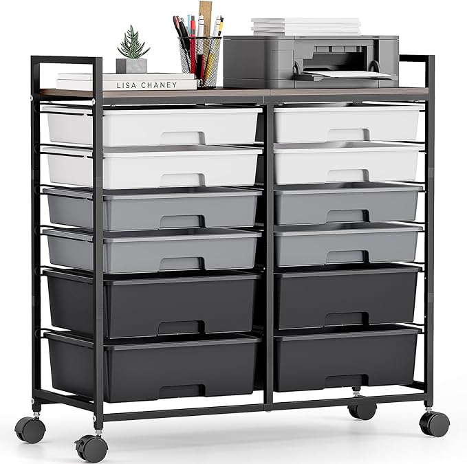 Rolling Storage Cart with 12 Drawers, Wooden Tabletop Utility Cart by TOOLF