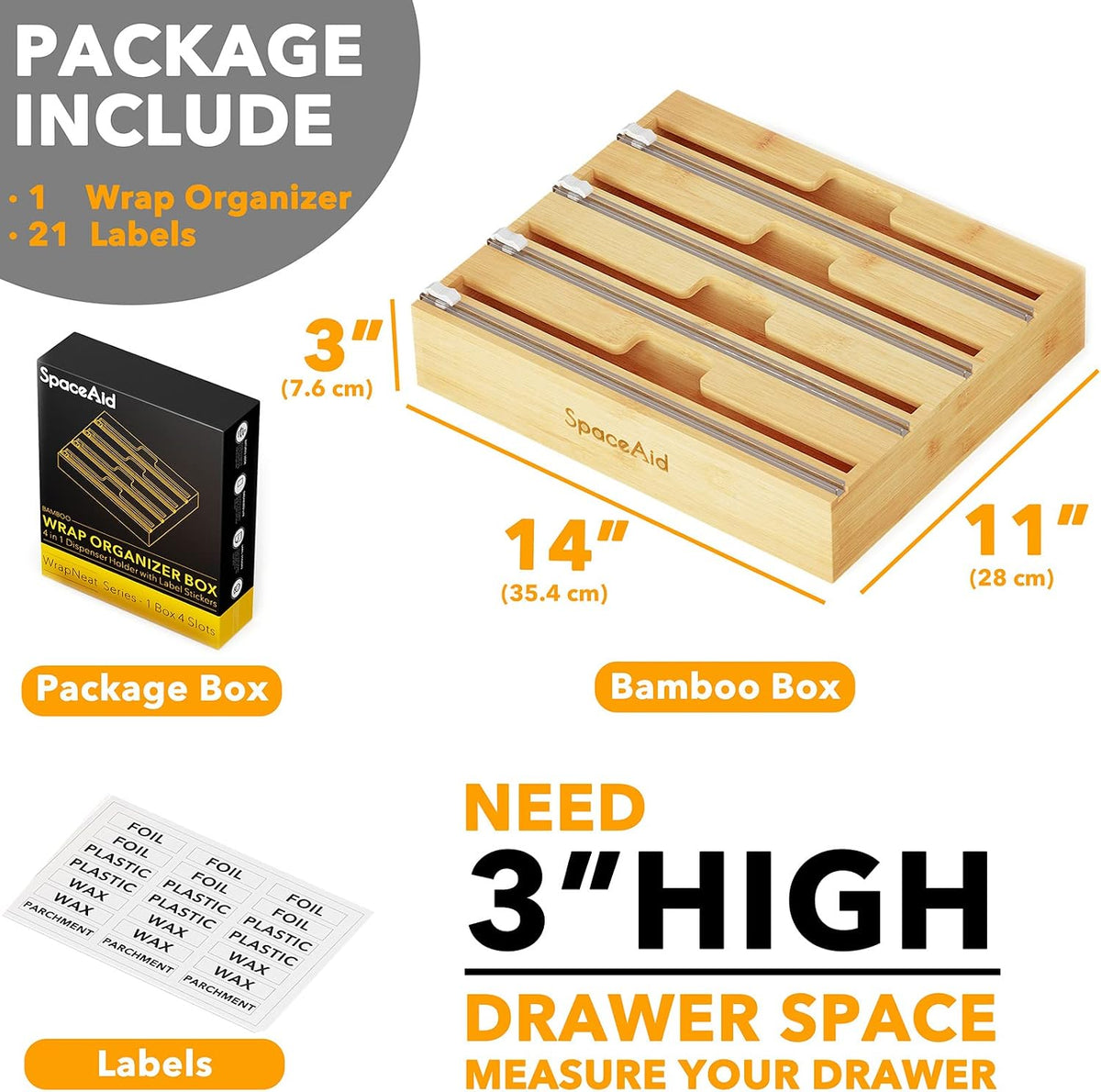 SpaceAid WrapNeat 4 in 1 Wrap Organizer with Cutter and Labels, Plastic Wrap,...