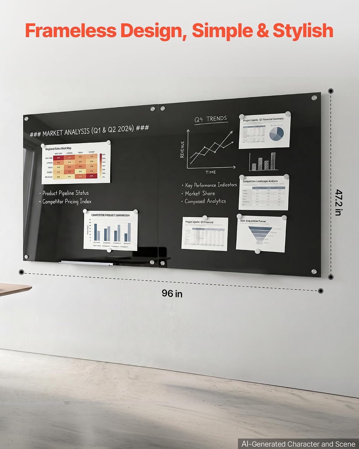 VEVOR Glass Dry Erase Board 96 x 48 in Black Magnetic Whiteboard