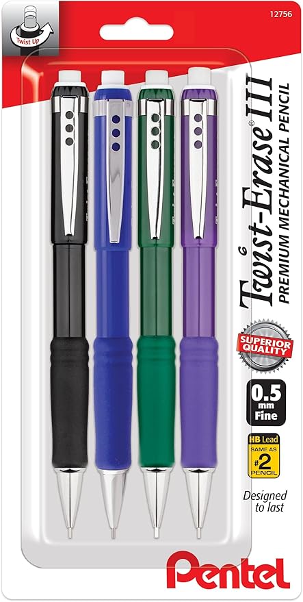Pentel Twist Erase III Premium Mechanical Pencil 0.5mm 4 pack Assorted Barrels by PentelofAmerica