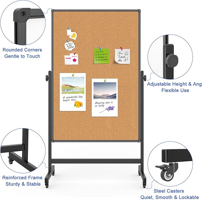Double-Sided Whiteboard and Corkboard on Wheels, 48 x 32 Inch Magnetic Dry - Image 3